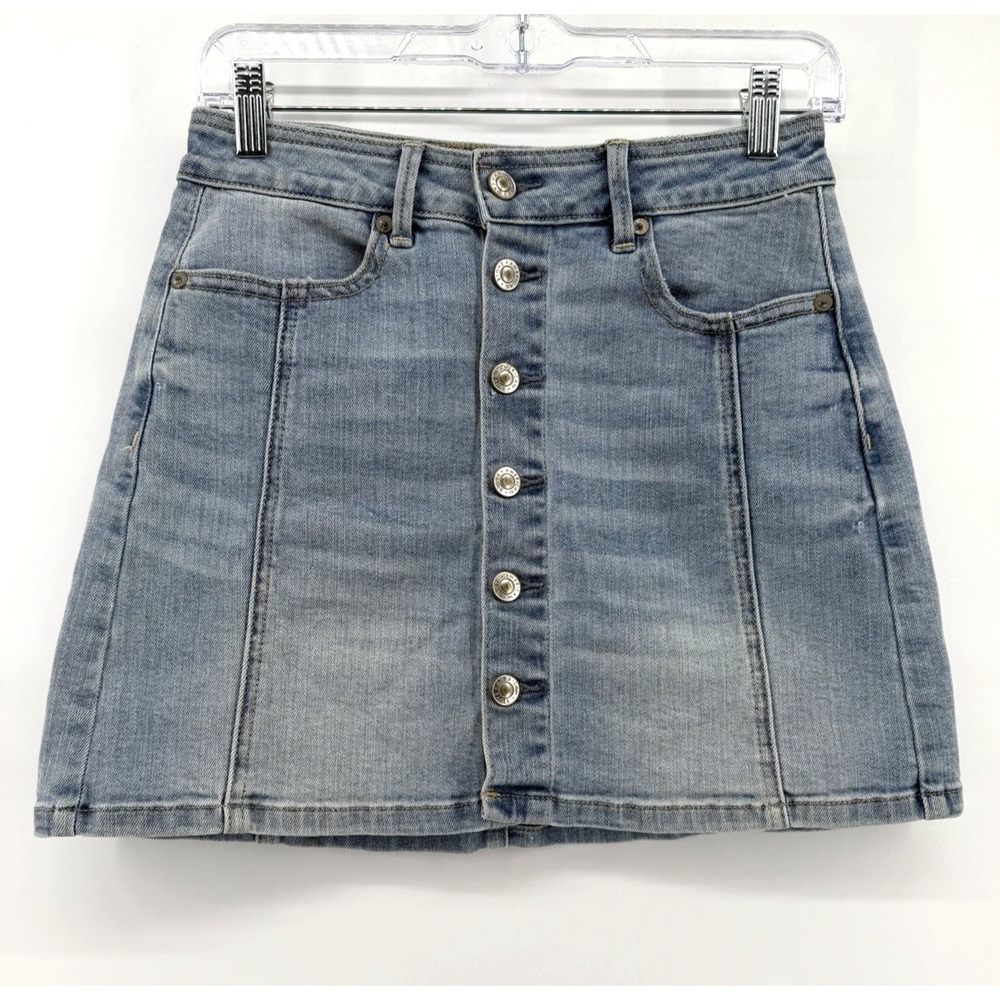 American Eagle Denim Skirt Women 0 Blue Hi Rise A Line Super Stretch Mini Button